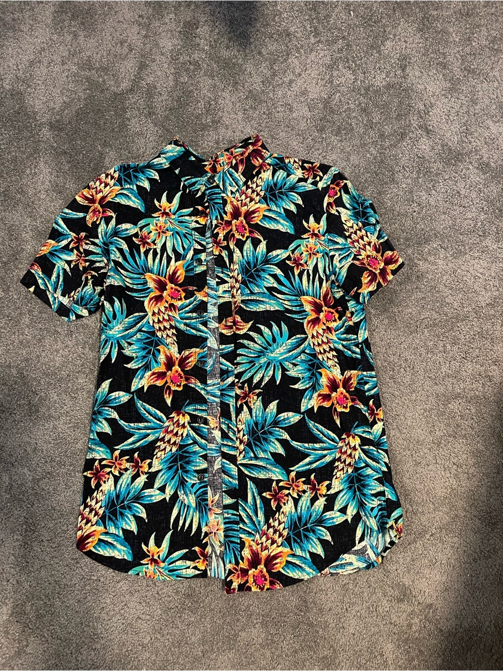 George Black Short-Sleeve Button-Down Shirt with Teal and Yellow Floral Print